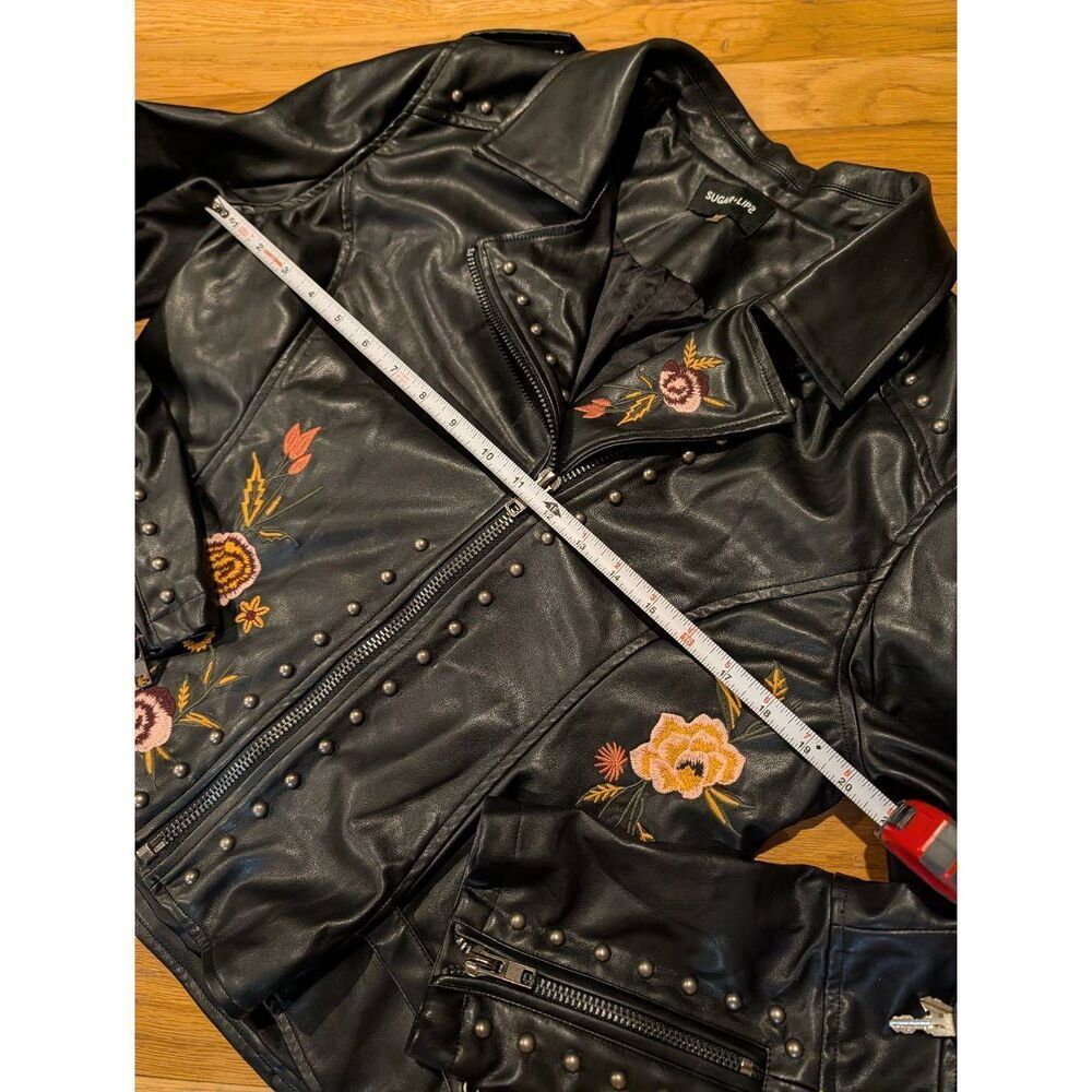 Embroidered Studded Moto Faux Leather Jacket Women's Large Sugarlips - Picture 11 of 16